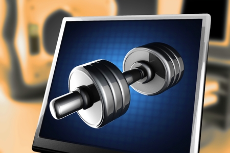 Metal dumbbell on blue background at monitorの写真素材