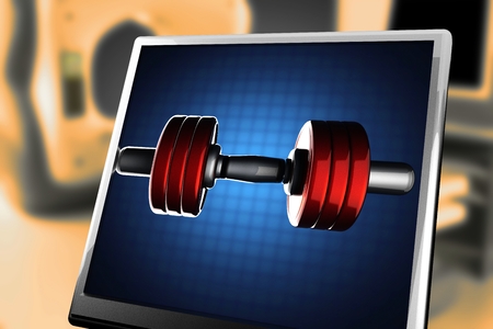Metal dumbbell on blue background at monitorの写真素材