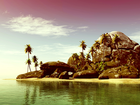 toned beach seascape view with a big stones and palmtreeの写真素材