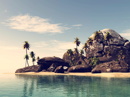 toned beach seascape view with a big stones and palmtreeの写真素材