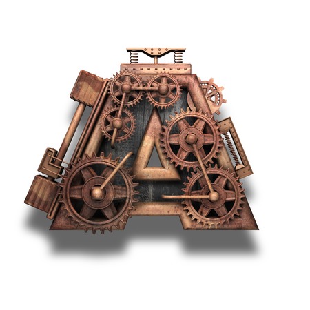 a rusted letter with gears on whiteの写真素材