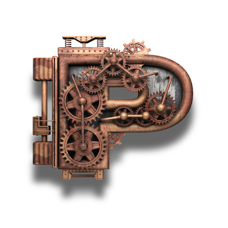 p rusted letter with gears on whiteの写真素材