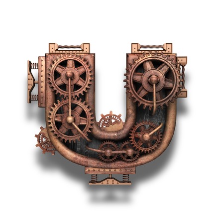 u rusted letter with gears on whiteの写真素材