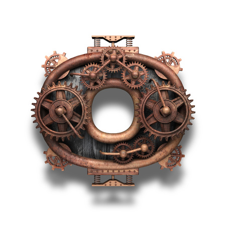 o rusted letter with gears on whiteの写真素材