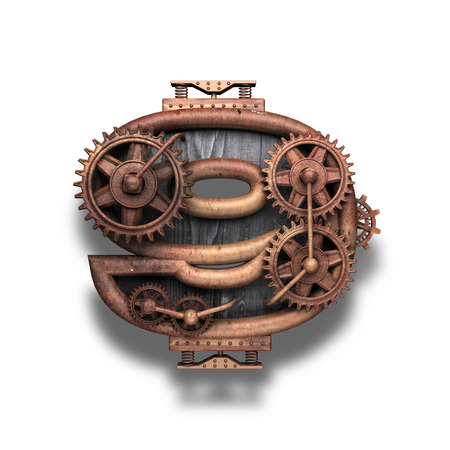 9 rusted letter with gears on whiteの写真素材