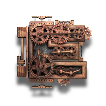 e rusted letter with gears on whiteの写真素材