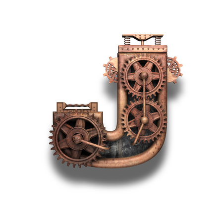 j rusted letter with gears on whiteの写真素材