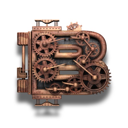 b rusted letter with gears on whiteの写真素材