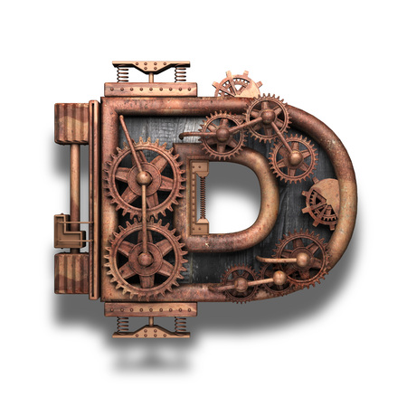 d rusted letter with gears on whiteの写真素材