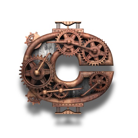 c rusted letter with gears on whiteの写真素材