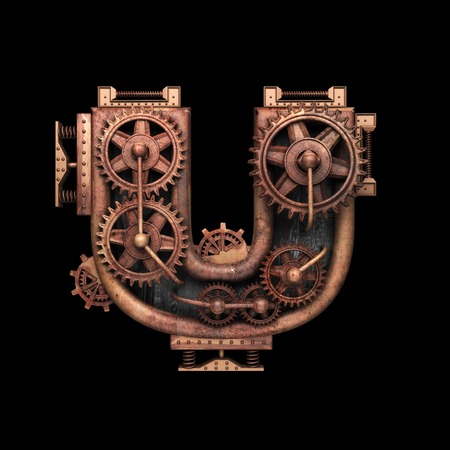 u isolated rusted letter with gears on black