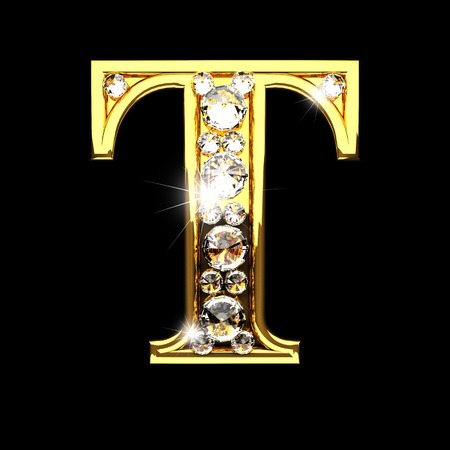 t isolated golden letters with diamonds on blackの写真素材
