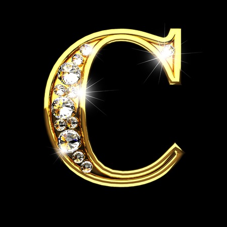 c isolated golden letters with diamonds on blackの写真素材