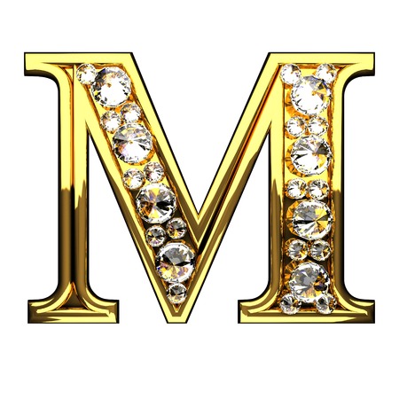 m isolated golden letters with diamonds on whiteの写真素材