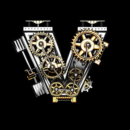 v isolated metal letter with gears on black v isolated metal letter with gears on black
