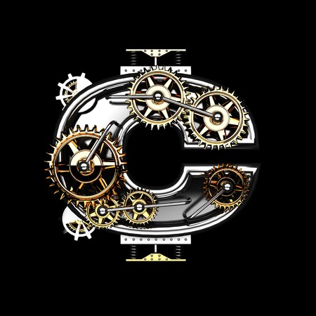 c isolated metal letter with gears on blackの写真素材