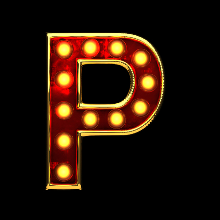 p isolated golden letter with lights on black. 3d illustrationの写真素材