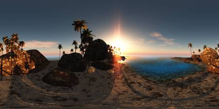 panoramia of tropical beach at sunset. made with one 360 degree lense. ready for virtual reality. 3D...