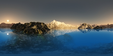 panorama of mountain lake. made with the one 360 degree lense camera without any seams. ready for virtual reality. 3D illustrationの写真素材