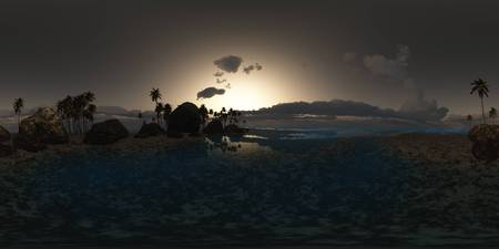 panoramia of tropical beach at sunset. made with one 360 degree lense. ready for virtual reality. 3D illustrationの写真素材