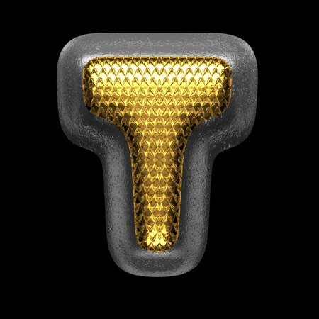 t golden and silver isolated letter on black. 3D illustrationの写真素材