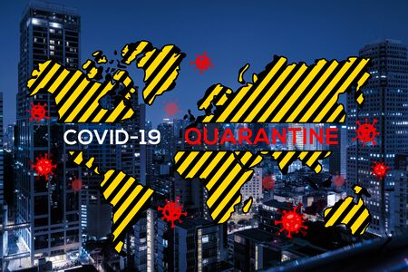 World map and Coronavirus theme drawing over big city Bangkok cityscape night time. Modern town view. COVID-19 self isolation and quarantine concept.の写真素材