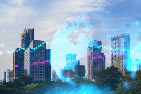 Day time view cityscape of Bangkok city background with business chart grid. Success and finance concept. Doublexposureの写真素材