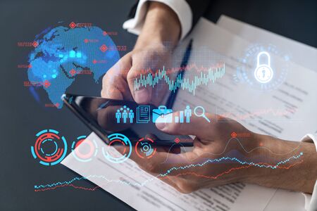 Businessman texting mobile phone and business icon drawing. Concept of research and development....