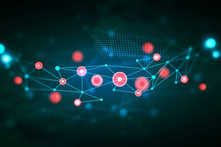 Illustration of tech icons hologram drawing on dark background. The concept of achivements in the...
