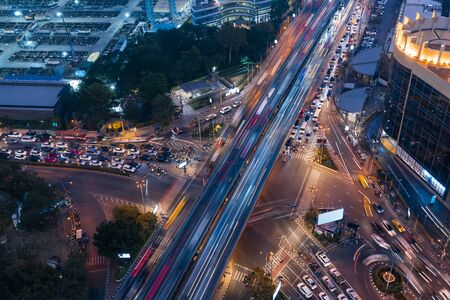 Aerial View Of Bangkok roads At Night. Long exposure.の写真素材