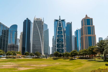 Panoramic view of Dubai skyscrapers in UAE. Dubai Marina prestigious residential area of Dubai close to the sea. Concept of financial success and luxury lifestyle.の写真素材