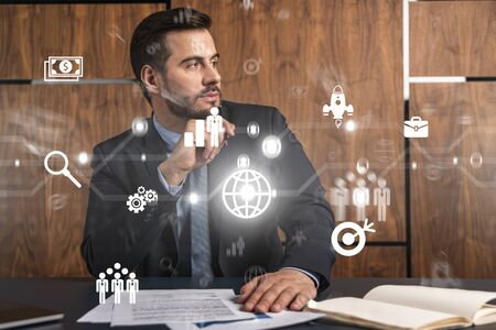 Man in office think and dream datum financial drawing concept. Double exposure.の写真素材