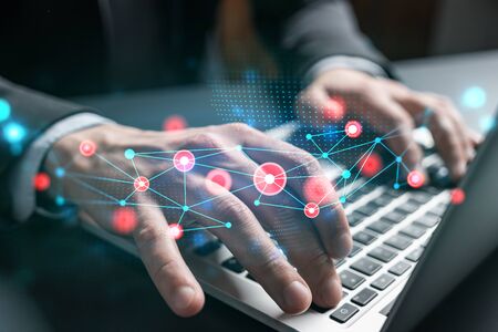 Businessman search for tech solutions options, typing laptop background and abstract technology...