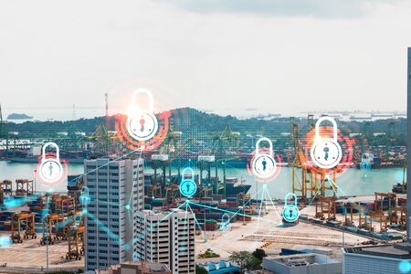 Padlock icon hologram over panorama city view of Singapore to protect business in Asia. The concept...