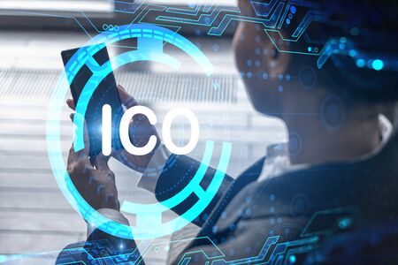 Businesswoman typing phone, work in modern office on new project. ICO blockchain hologram. Double...