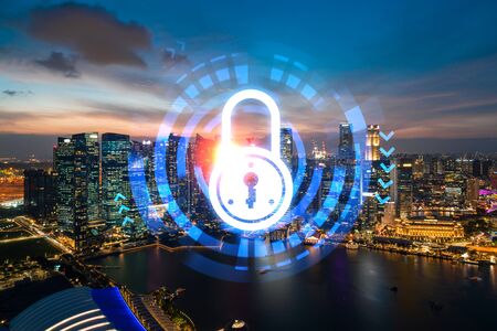 Hologram of Padlock on sunset panoramic cityscape of Singapore, Asia. The concept of cyber security...