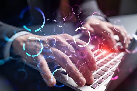 Businessman search for tech solutions options, typing laptop background and abstract technology...