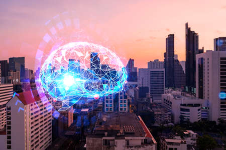 Glowing human brain hologram, aerial panoramic cityscape of Bangkok at sunset. The center of...
