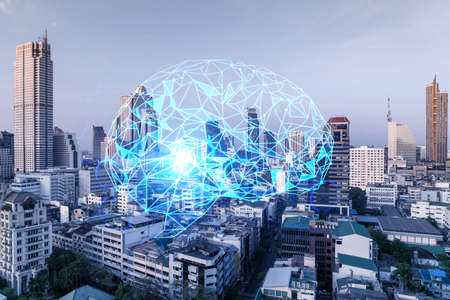 Brain hologram over panorama city view of Bangkok, the largest science hub in Asia. The concept of...
