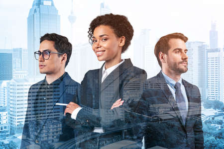 Group of three business colleagues in suits working and dreaming about new career opportunities...