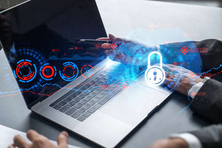 Man and woman working together on securitization of information of project. Blue icon infographic...