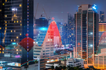 FOREX graph hologram, aerial night panoramic cityscape of Bangkok, the developed location for stock market researchers in Asia. The concept of fundamental analysis. Double exposure.の写真素材