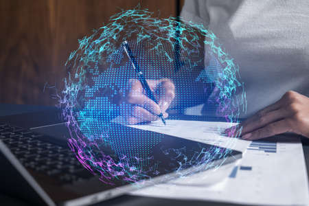 World map and a woman signing papers. Double exposure.