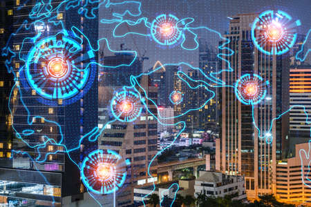 Multi exposure of Bangkok cityscape night time background and world map hologram. Concept of media...