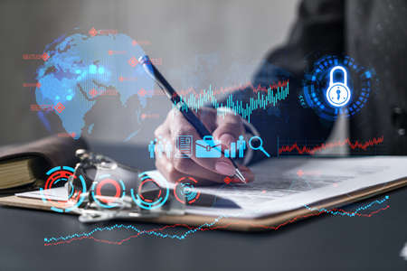 Businesswoman sign contract and business icon drawing. Concept of research and development....