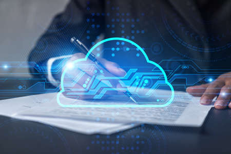 Woman signs agreement. Cloud it hologram. Double exposure . Data storage concept.