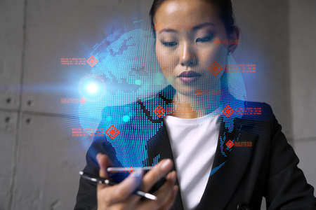 Businesswoman using phone, work in modern office on new project. Double exposure. Concept of...