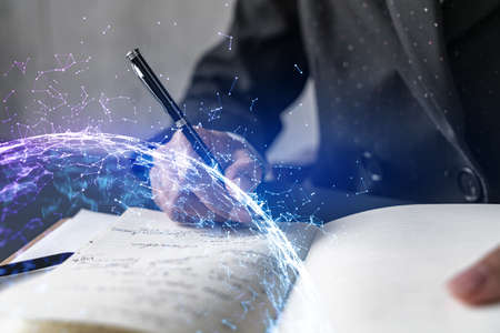 Abstract tech drawings hologram and a woman taking notes. Technology network concept. Multiexposure.