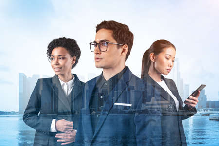 Group of three business partners in suits dreaming about new career opportunities, inspiration. Concept of multinational corporate team. Singapore on background. Double exposure.の写真素材