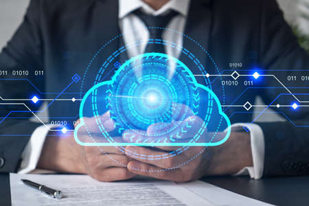 Businessman search for information using phone. Cloud icon hologram.